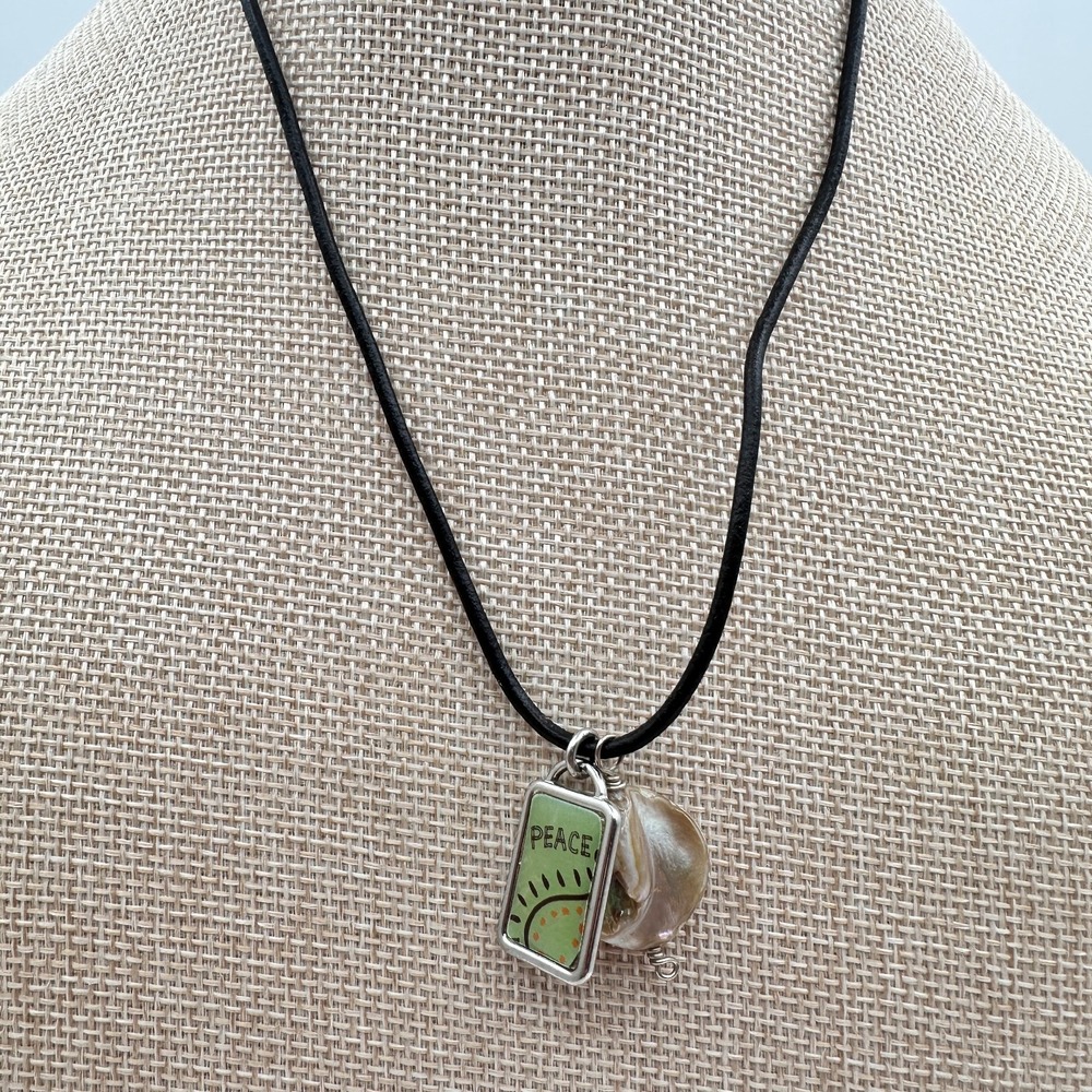 Vintage 90s Peace Sign Shell Pendant Black Cord Necklace Boho Artisan Jewelry